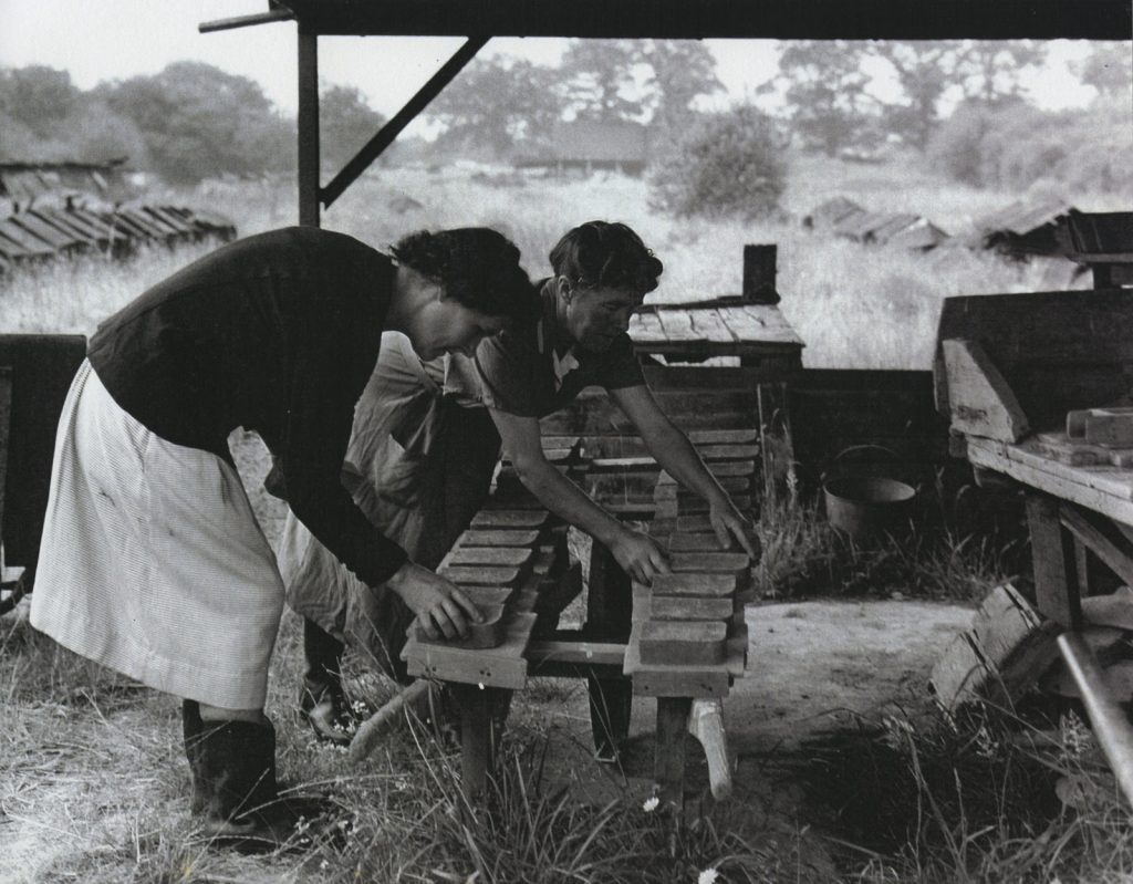 Hilda and Nina Wilks place green briquettes onto a barrow for transfer to the hackyard, 1960, © Eden Valley Museum Trust