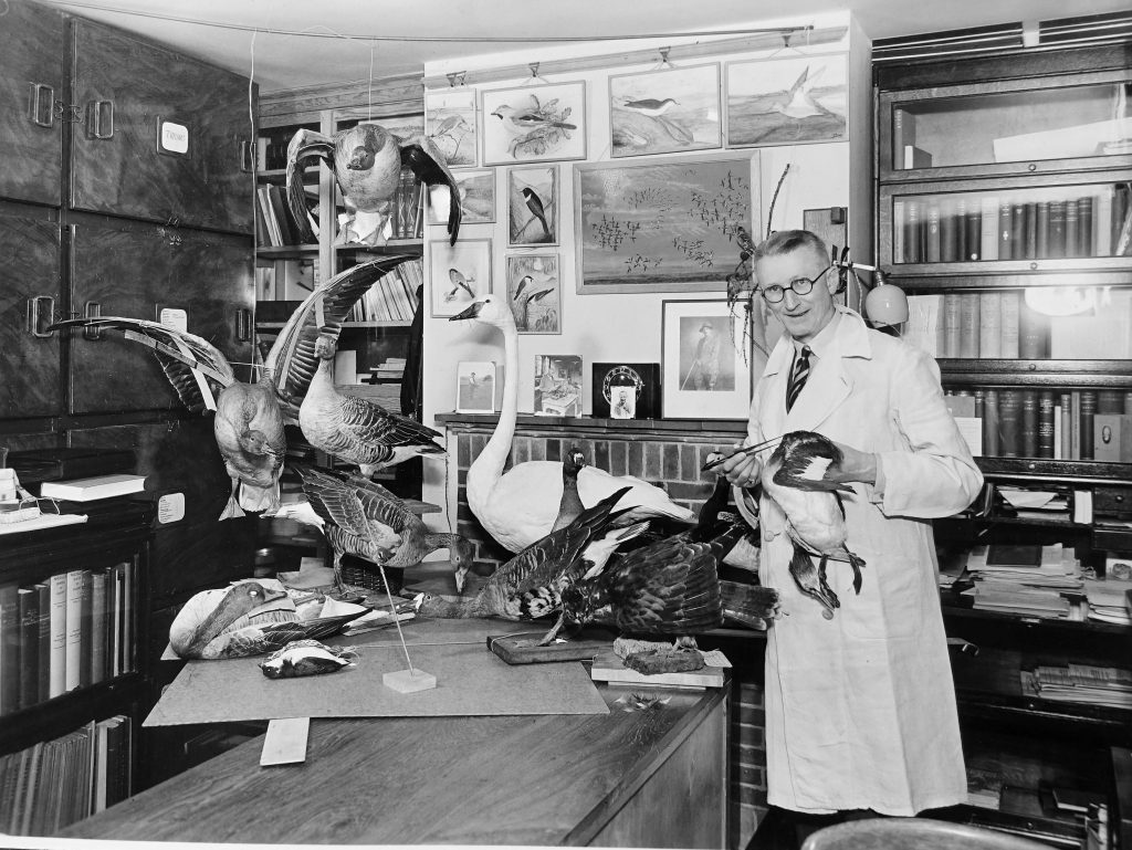 Dr James Harrison in the bird room in 1950, © The Harrison Institute