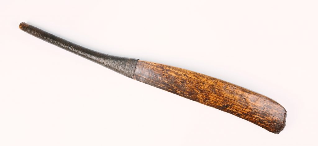 18th century Pett cricket bat on loan from the Vine Cricket Club, © Kent County Council Sevenoaks Museum. It is the second oldest cricket bat on display in a museum.