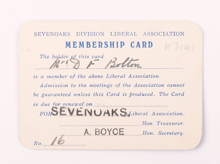 Sevenoaks Liberal Party membership card, © Kent County Council Sevenoaks Museum