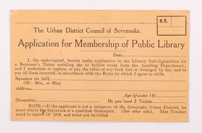 Membership application for Sevenoaks Library, © Kent County Council Sevenoaks Museum