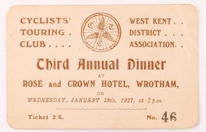 Cyclists Touring Club ticket to dinner at the Rose and Crown Hotel in Wrotham (1927), © Kent County Council Sevenoaks Museum