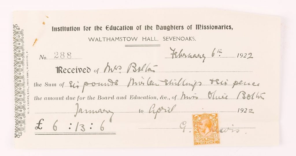 Receipt for Walthamstow Hall school fees (1922), © Kent County Council Sevenoaks Museum