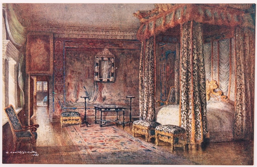 Postcard of the Venetian Bedroom in Knole House, illustrated by Charles Essenhigh Corke and printed by Salmon (1898)
