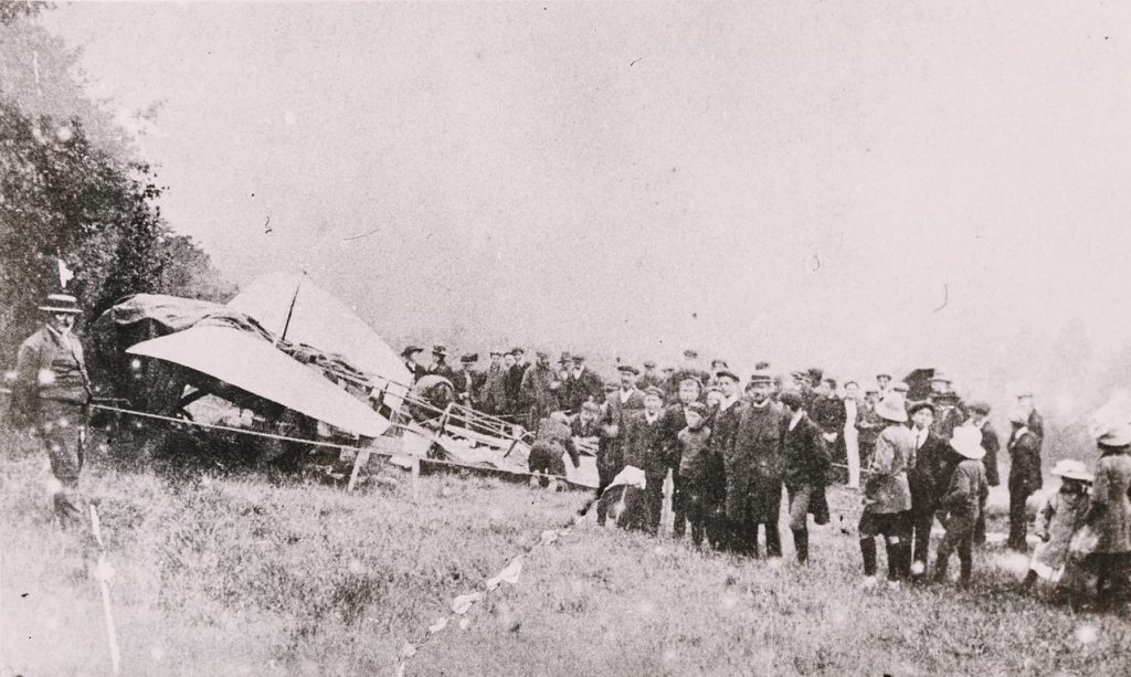 Crowds gather around Moisant's Bleriot aircraft
