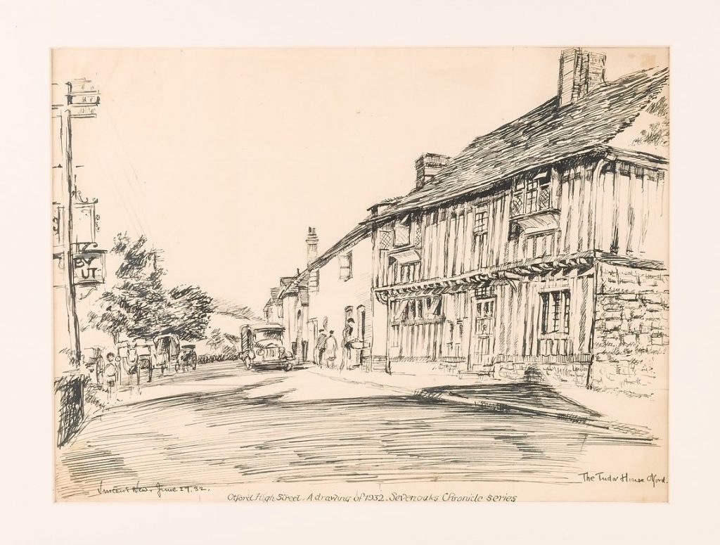 Drawing of Otford High Street by Vincent New for the Sevenoaks Chronicle (1932), © Kent County Council Sevenoaks Museum