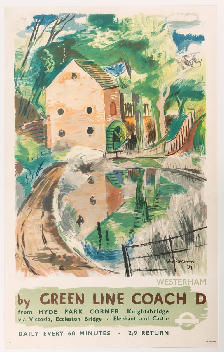 Tourism poster for Westerham showing old mill, by Clive Gardner (1937), © Kent County Council Sevenoaks Museum