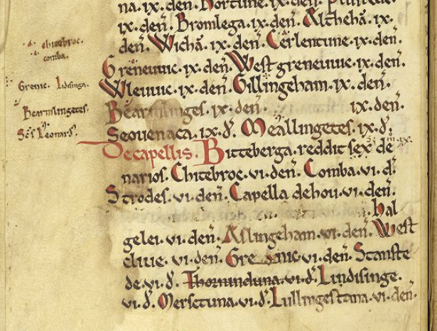 Textus Roffensis c.1120. A page from this thousand-year-old document showing the entry for ‘Seouenaca’, the earliest record of a parish church at Sevenoaks. © Rochester Cathedral