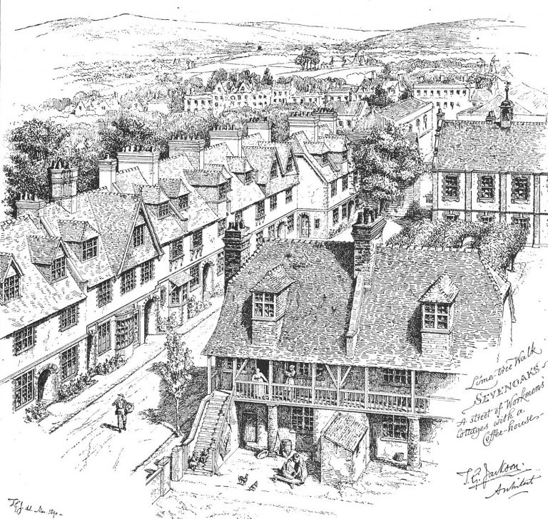 Drawing of Lime Tree Walk workmen's cottages by Thomas Jackson
