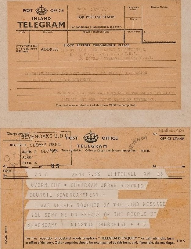 Telegram communications between Winston Churchill and Sevenoaks Urban District Council on his 80th birthday, © Kent County Council Sevenoaks Museum