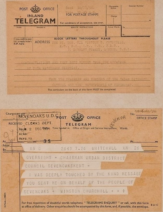 Telegram communications between Winston Churchill and Sevenoaks Urban District Council on his 80th birthday, © Kent County Council Sevenoaks Museum