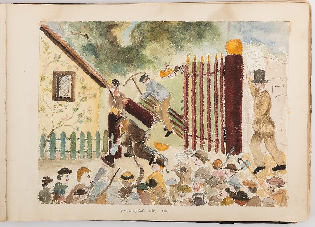 Hand painted illustration of Knole park protestors tearing gate down