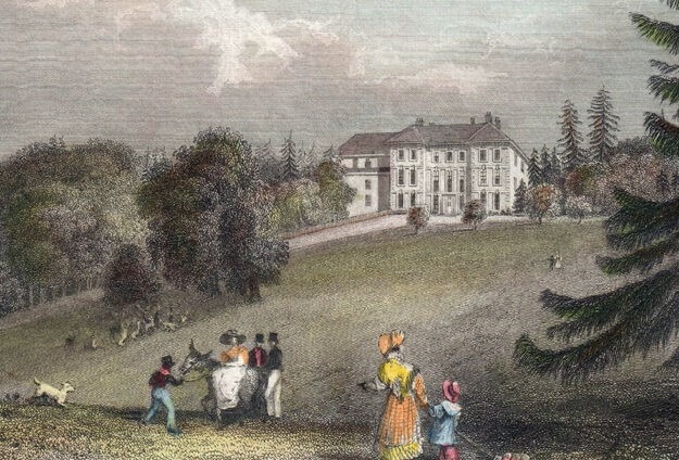 Colour engraving of large manor house in grounds with trees