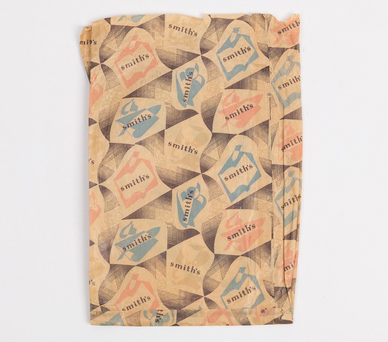 Paper bag with printed colour pattern and 'Smith's' repeated
