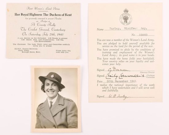 Photograph and documents relating to Winifred Turley whilst a member of the Kent Women's Land Army, © Kent County Council Sevenoaks Museum