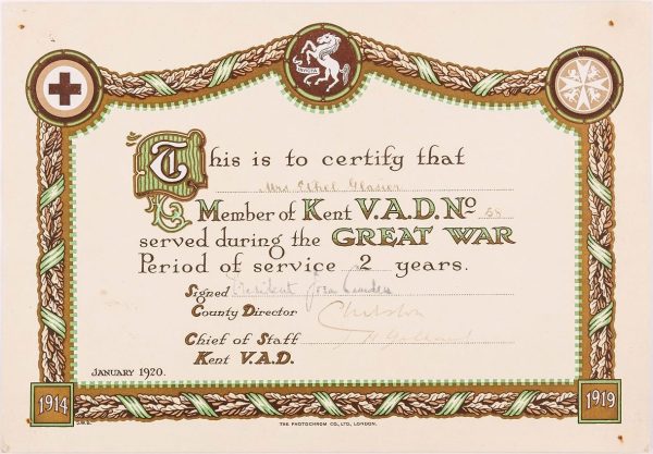 Kent VAD certificate for Ethel Glasier, © Kent County Council Sevenoaks Museum