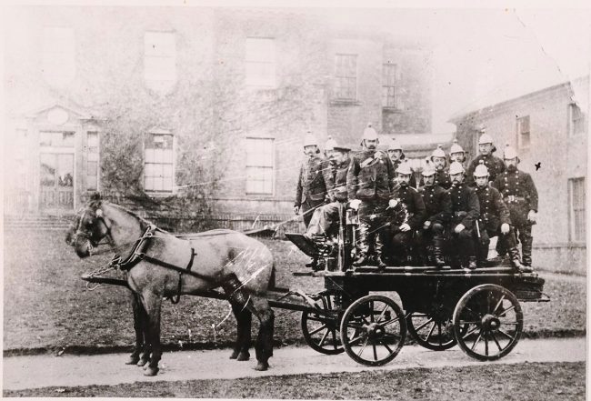 The Ready Fire Brigade on engine pulled by two horses