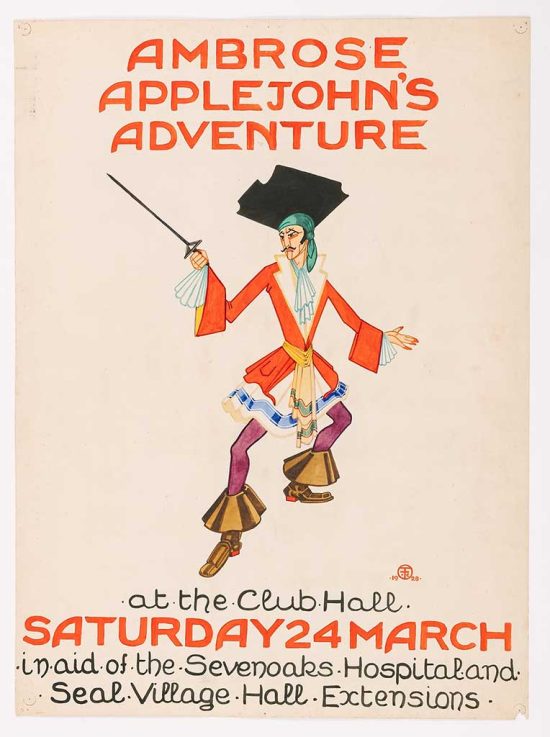 Hand painted poster by Felix Tomlin for 'Ambrose Applejohn's Adventure' (1928), a performance by the Sevenoaks Players, © Kent County Council Sevenoaks Museum