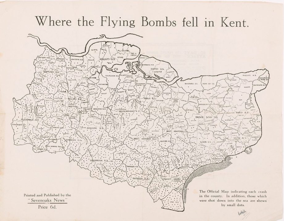 Map of bomb hits in Kent, published by the Sevenoaks News, © Kent County Council Sevenoaks Museum