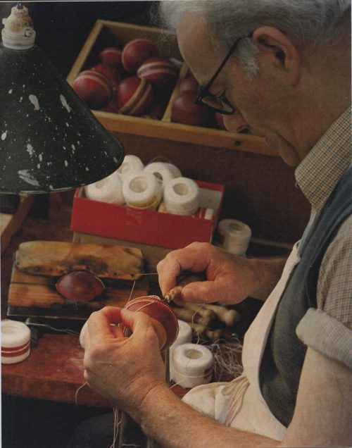 Jos Burchetts add 80 stitches to the outer cover of a cricket ball at the Wisden Factory in Chiddingstone Causeway, 1970, © Eden Valley Museum Trust